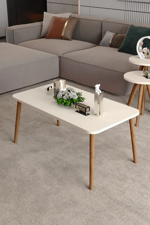 Square Coffee & Nesting Table Set Turned Wooden Legs - Cream