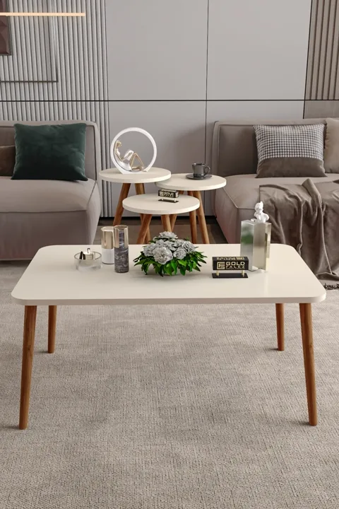 Square Coffee & Nesting Table Set Turned Wooden Legs - Cream