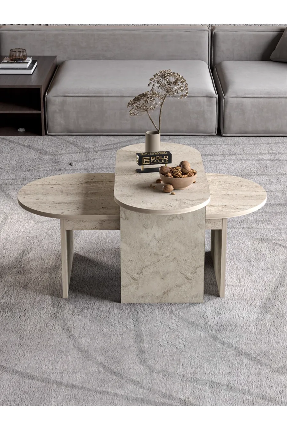 MD Setro 2-Piece Travertine Ecru Coffee Table Set