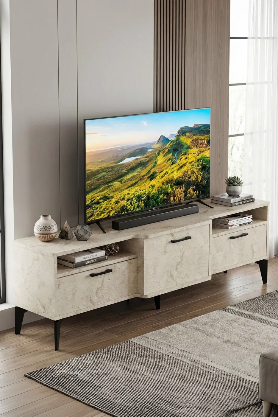 MD Mistral TV Table Melamine-faced chipboard Ecru 160x40 cm