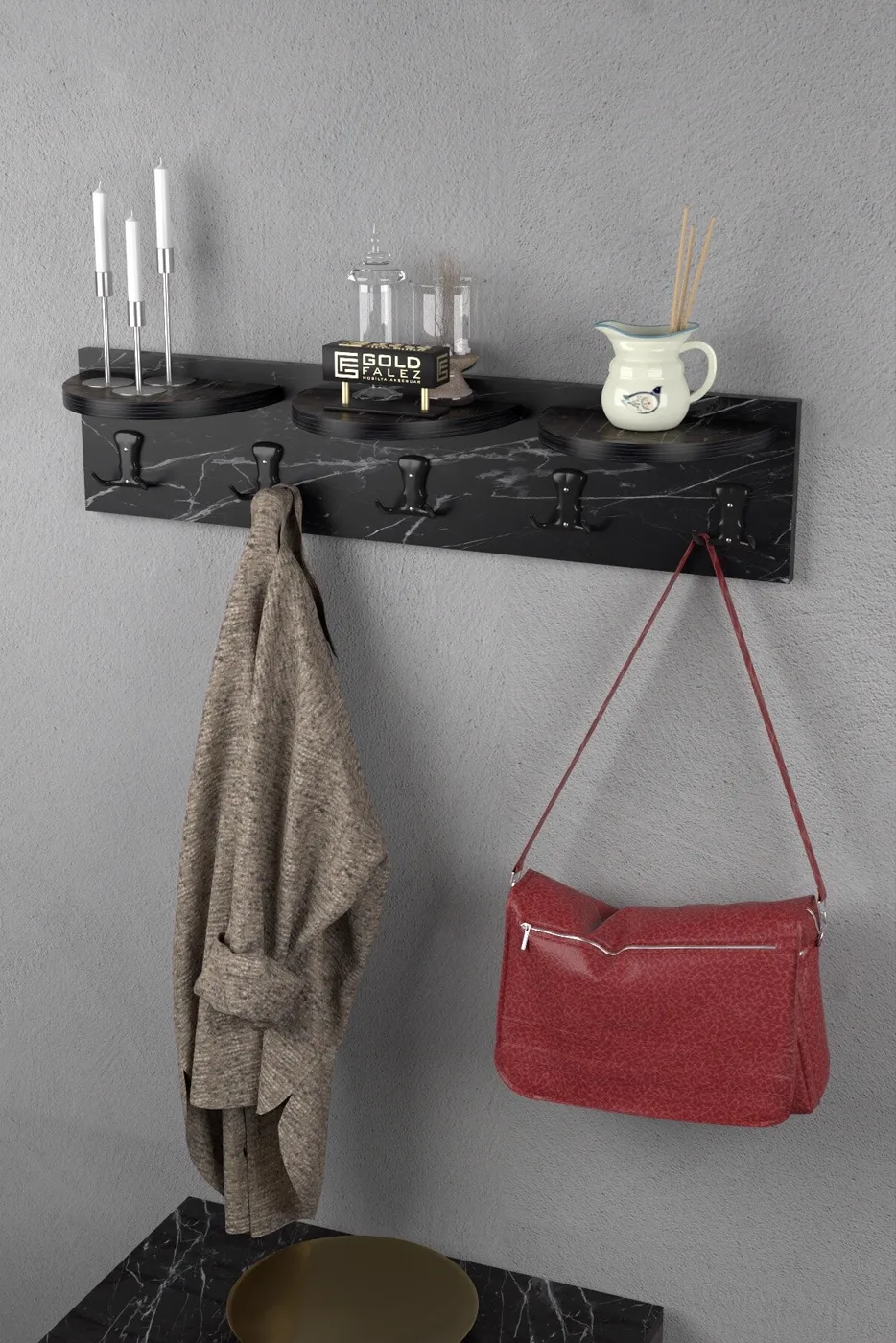 Ilkal 5-Hook Bendir Black Wall-Mounted Coat Rack 80 cm