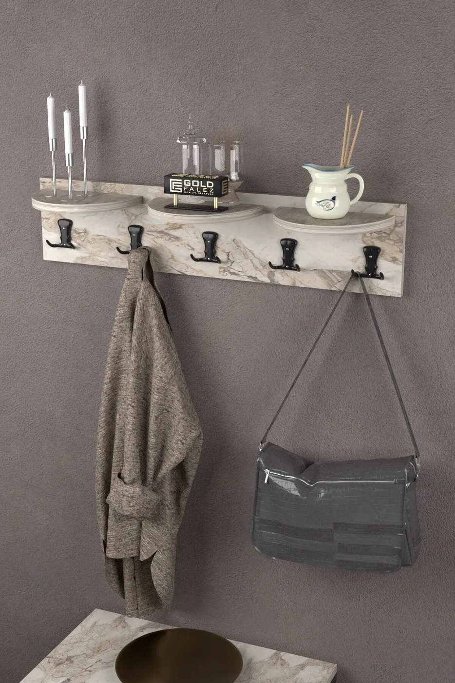 Ilkal 5-Hook Efes White Wall-Mounted Coat Rack 80 cm