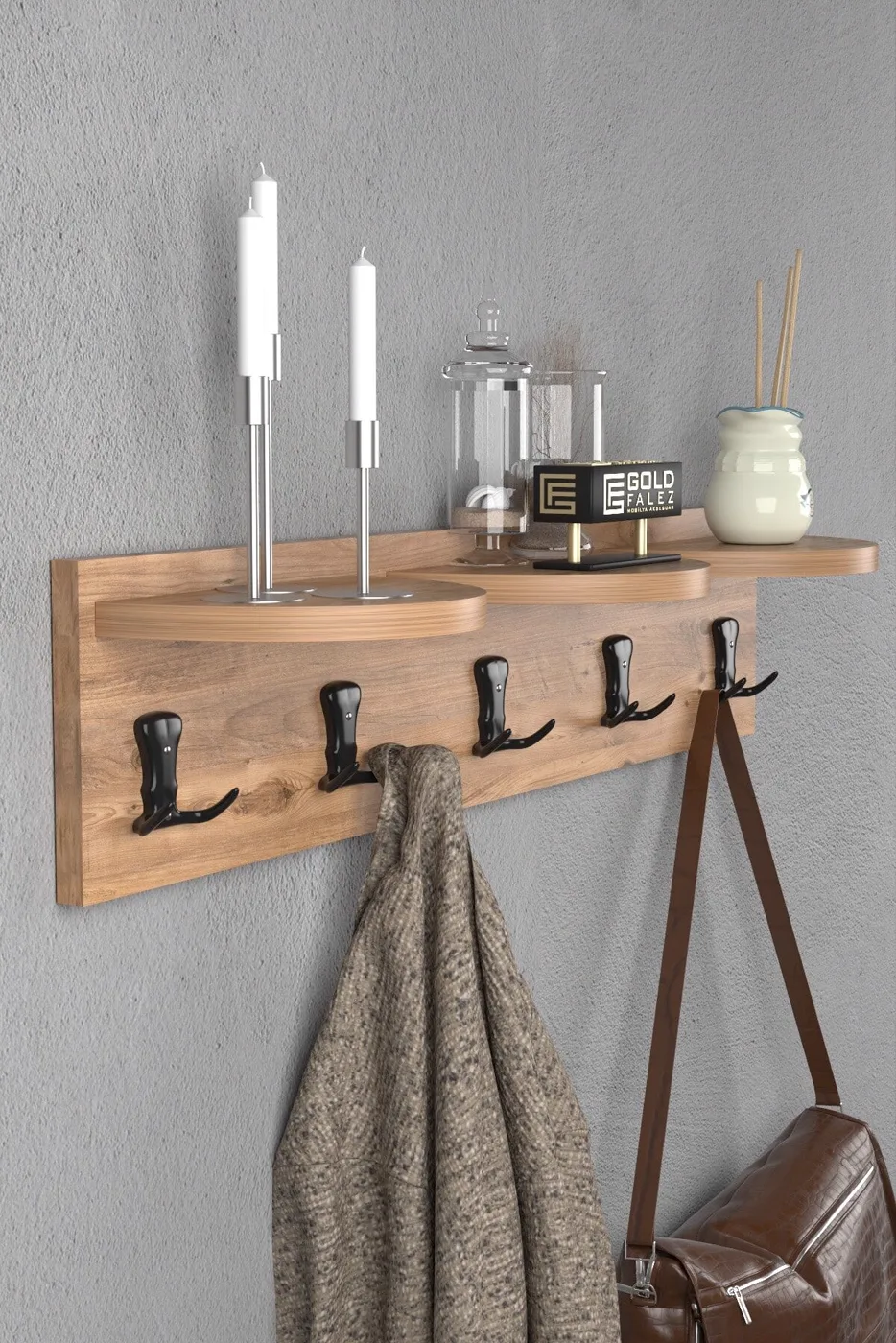 Ilkal 5-Hook Walnut Brown Wall-Mounted Coat Rack 80 cm