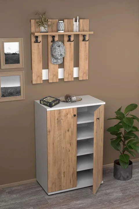 MD Metal Shoe Cabinet Coat Rack Set Pine