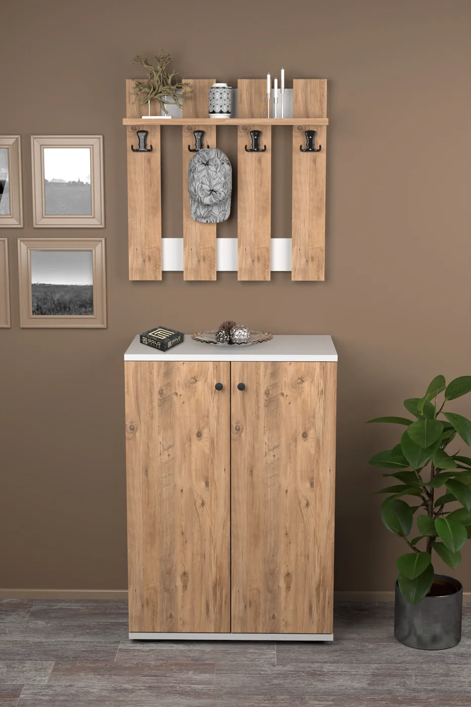 MD Metal Shoe Cabinet Coat Rack Set Pine