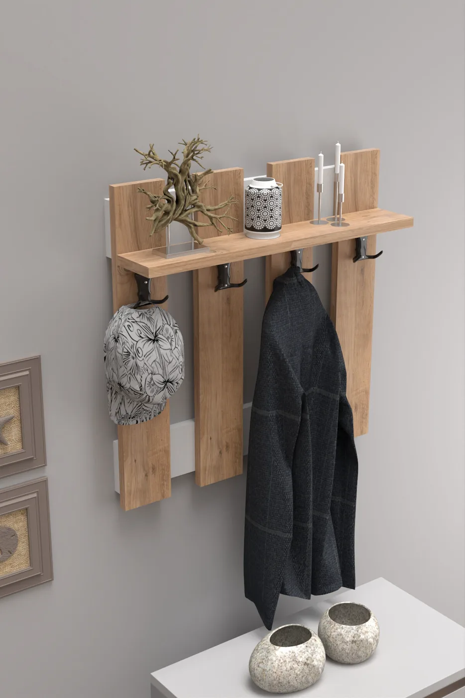 MD Metal Shoe Cabinet Coat Rack Set Pine