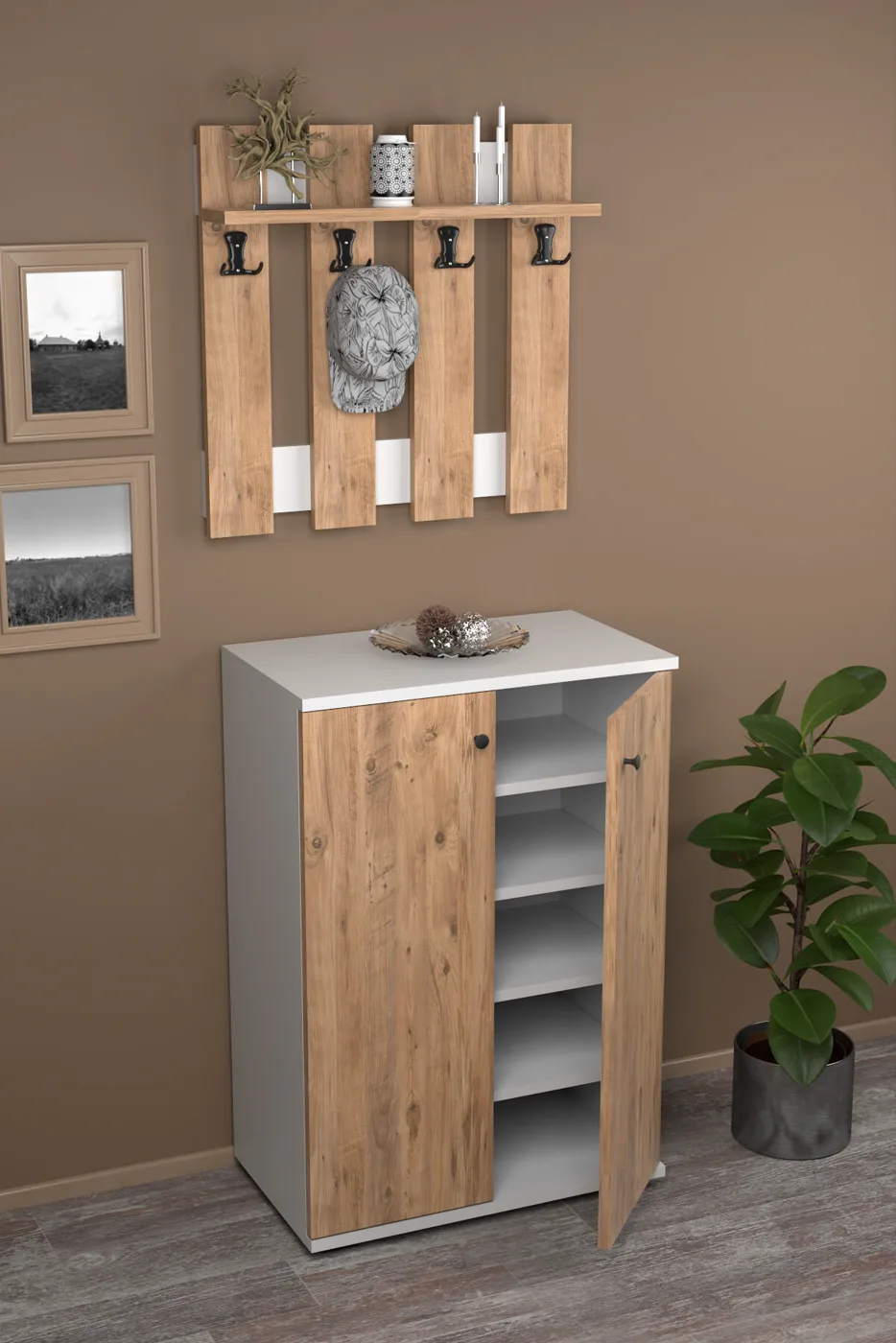 MD Metal Shoe Cabinet Coat Rack Set Pine