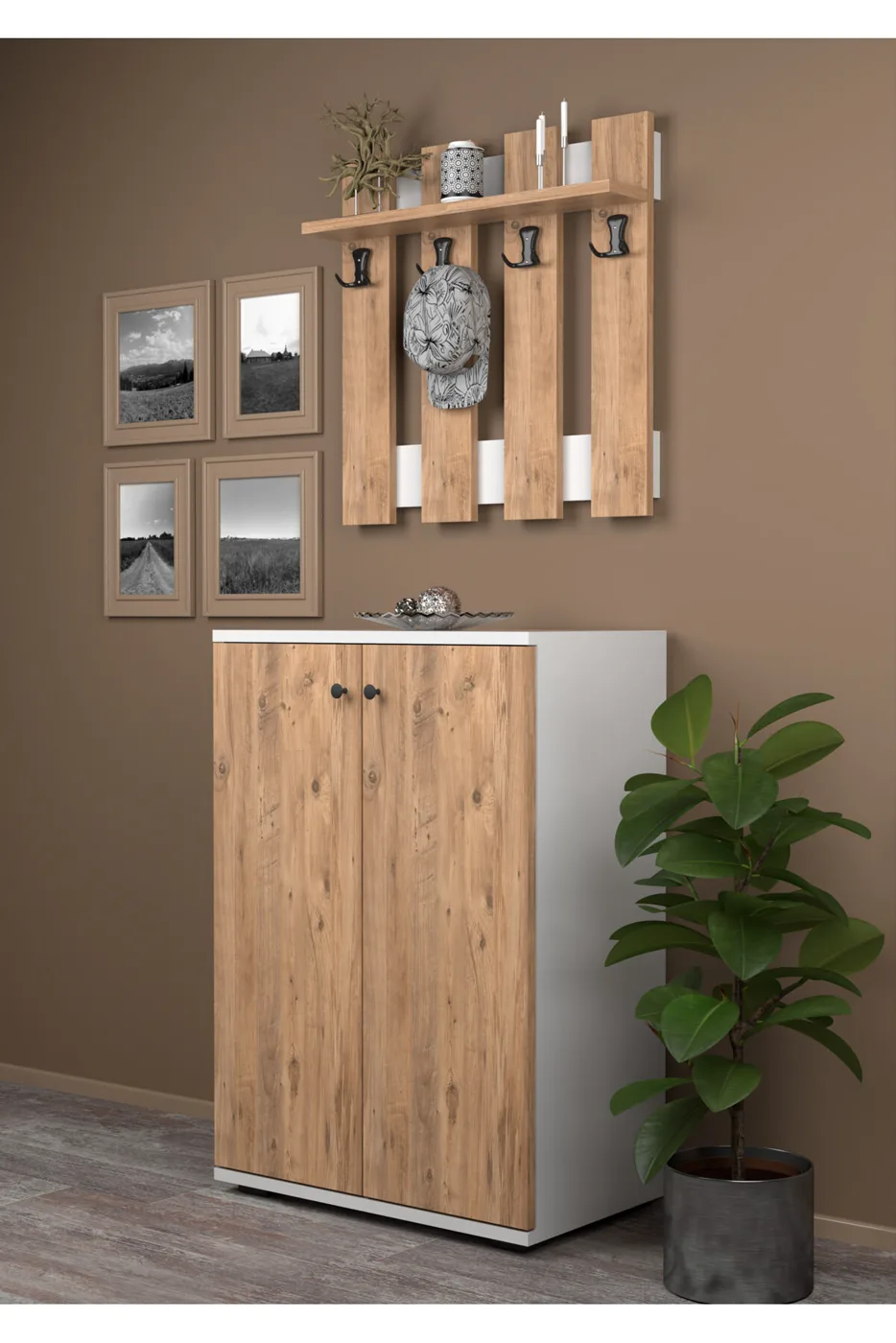 MD Metal Shoe Cabinet Coat Rack Set Pine