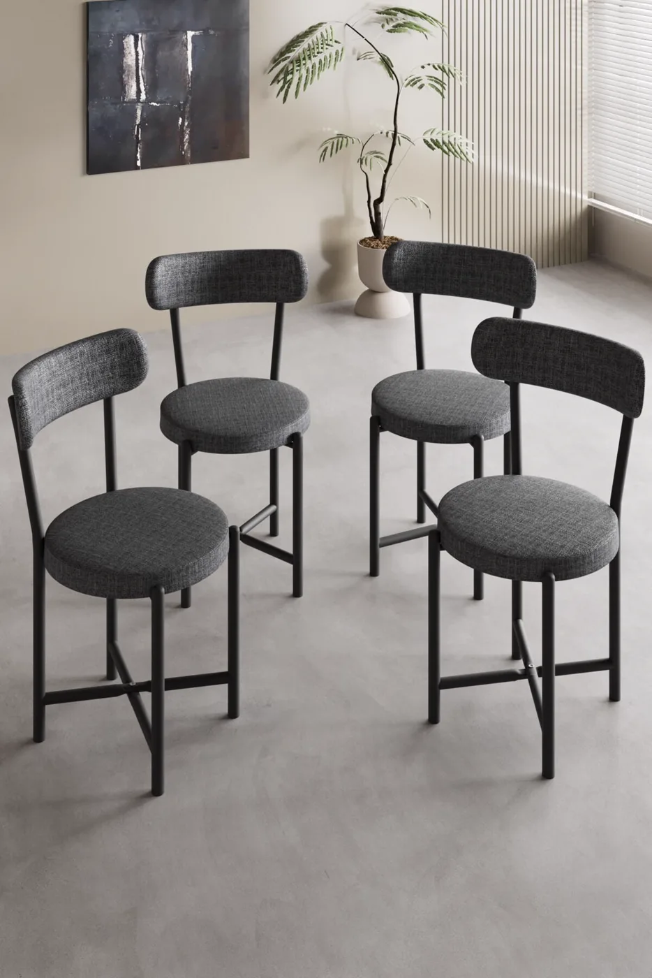 Sandalye 4 Adet Keten Kumaş Metal Ayak Modern Mutfak Sandalyesi Cafe Balkon Ofis Teddy 9809 Antrasit