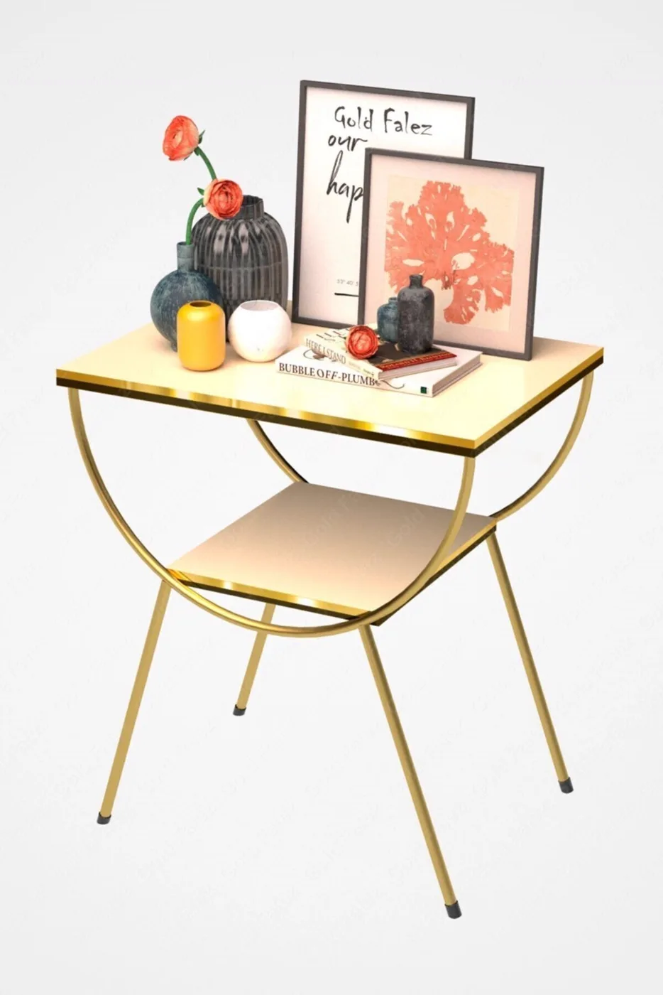 Side Table Bedside Table Metal Legs Dual Gold Cream