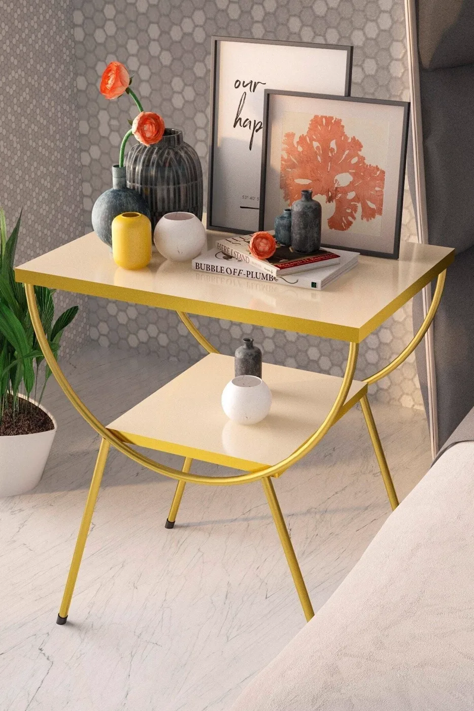 MD Gold Metal Side Table Cream Bedside Table
