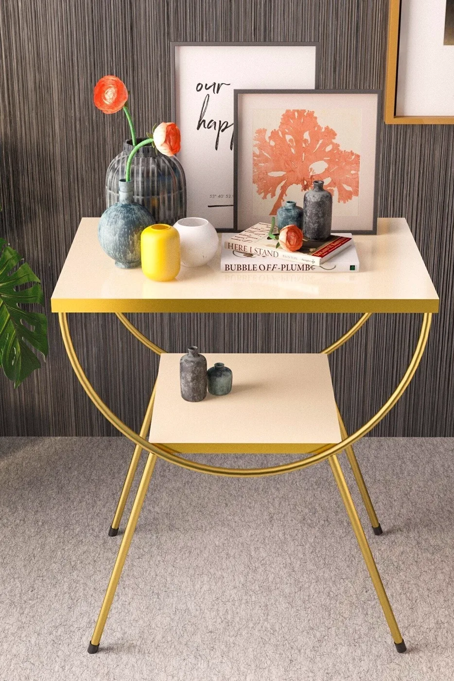 MD Gold Metal Side Table Cream Bedside Table