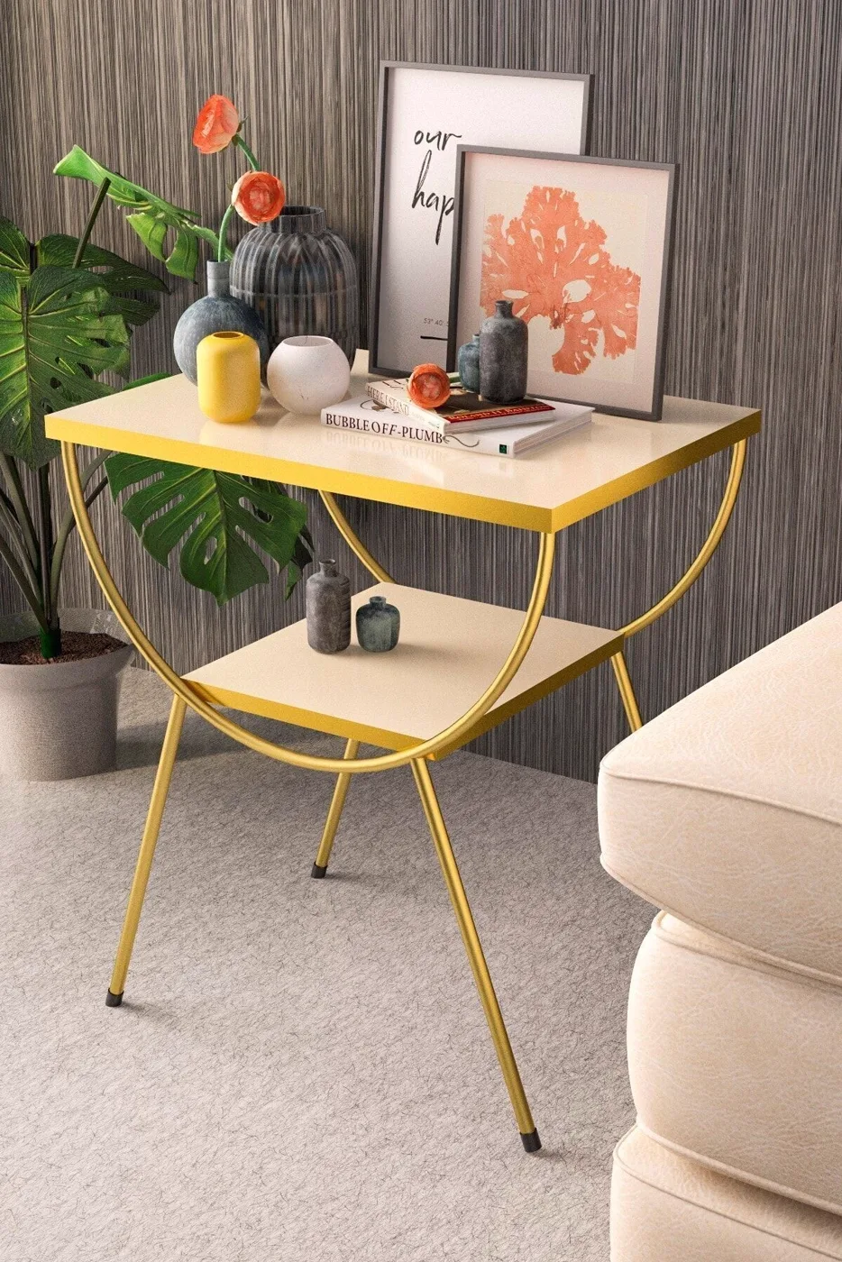 MD Gold Metal Side Table Cream Bedside Table