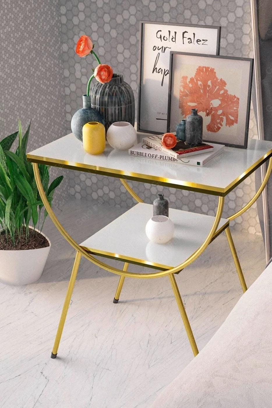 MD Gold Metal Side Table White Bedside Table