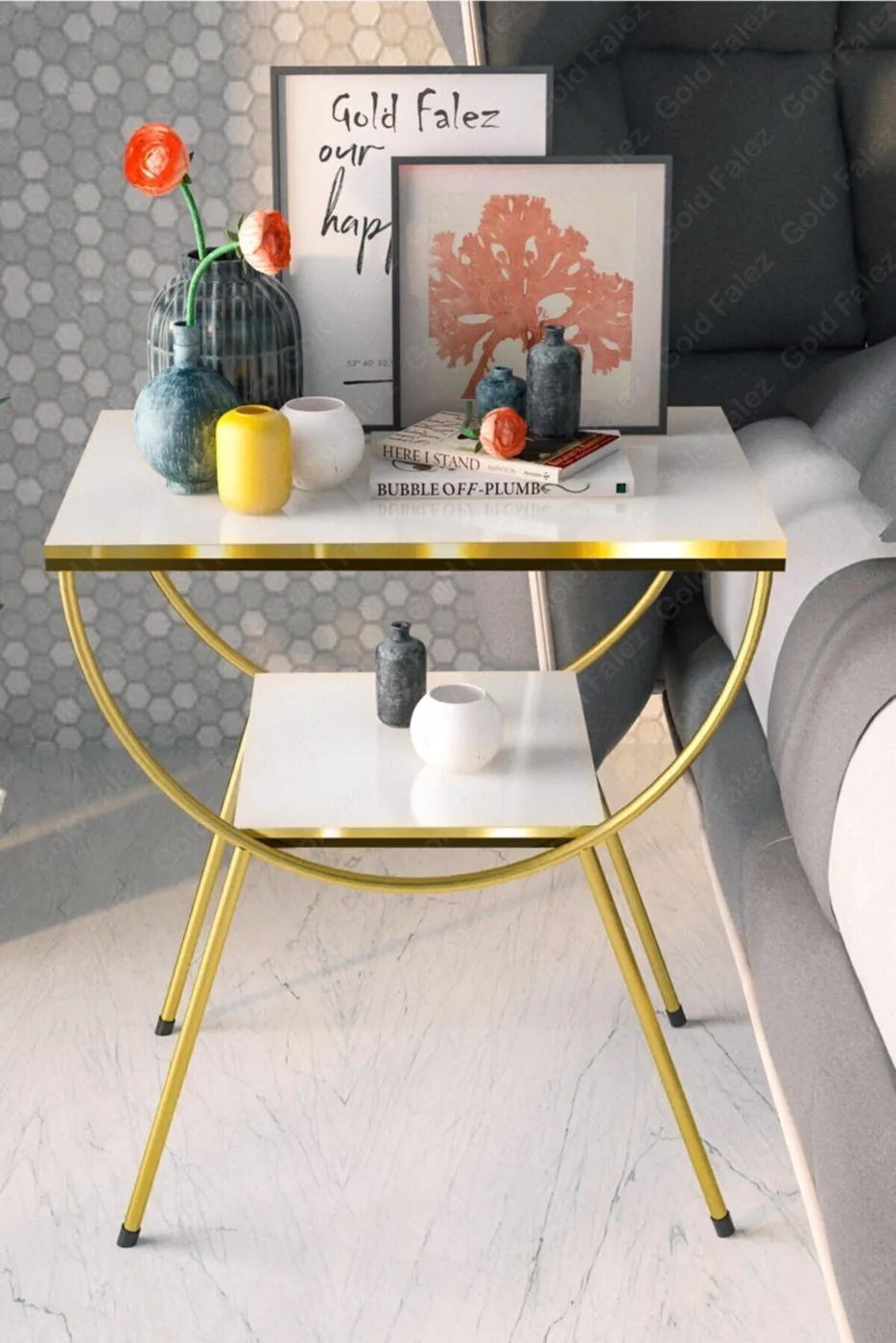 MD Gold Metal Side Table White Bedside Table