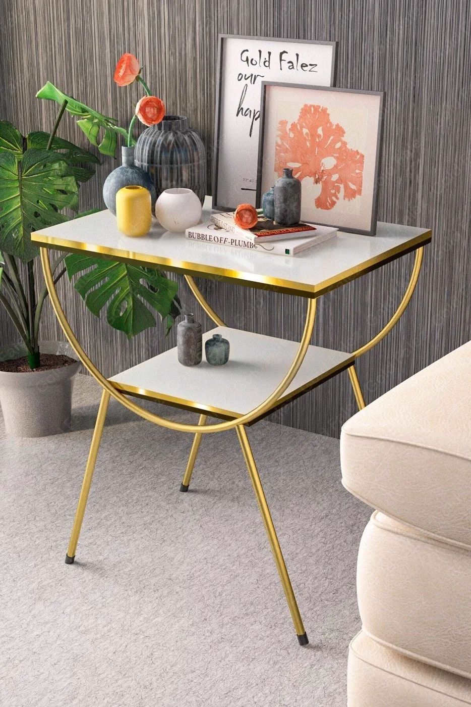 MD Gold Metal Side Table White Bedside Table