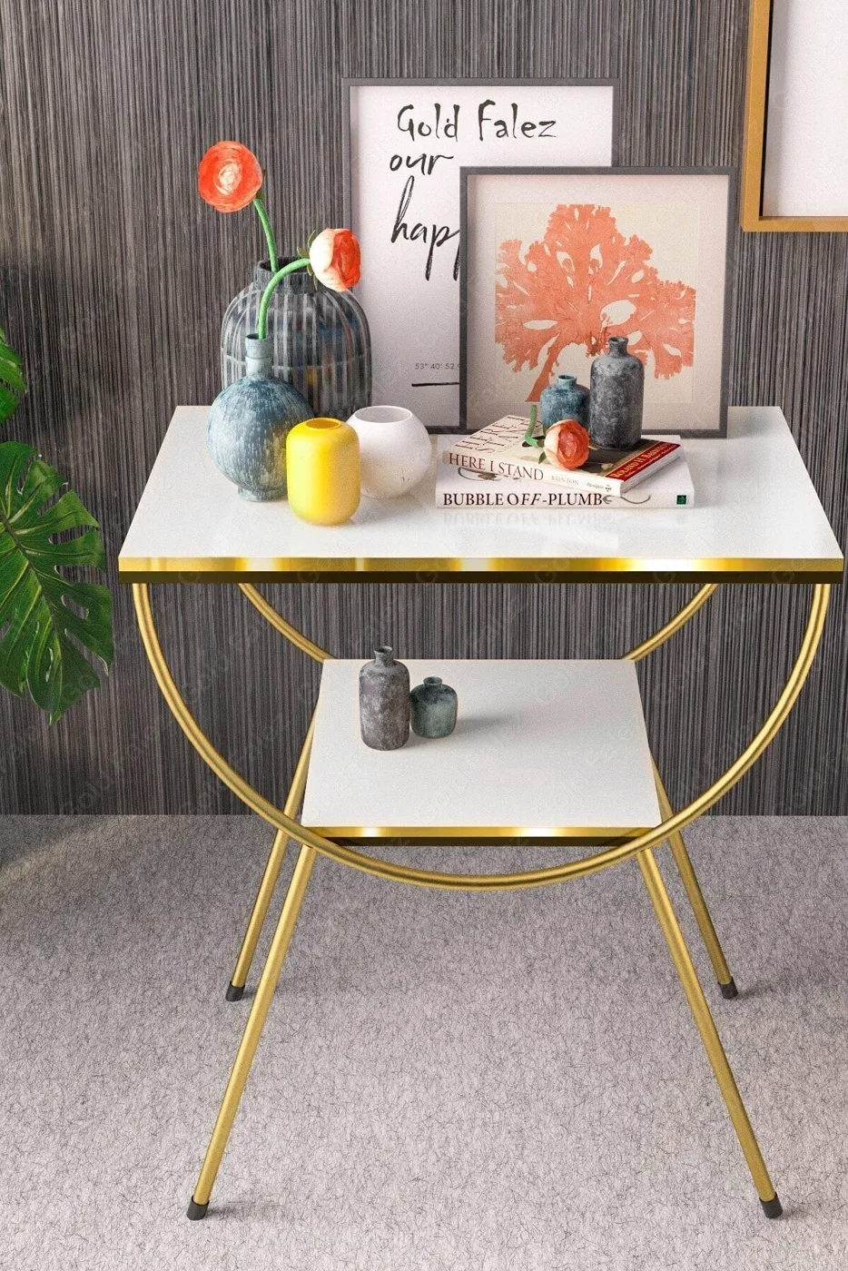 MD Gold Metal Side Table White Bedside Table