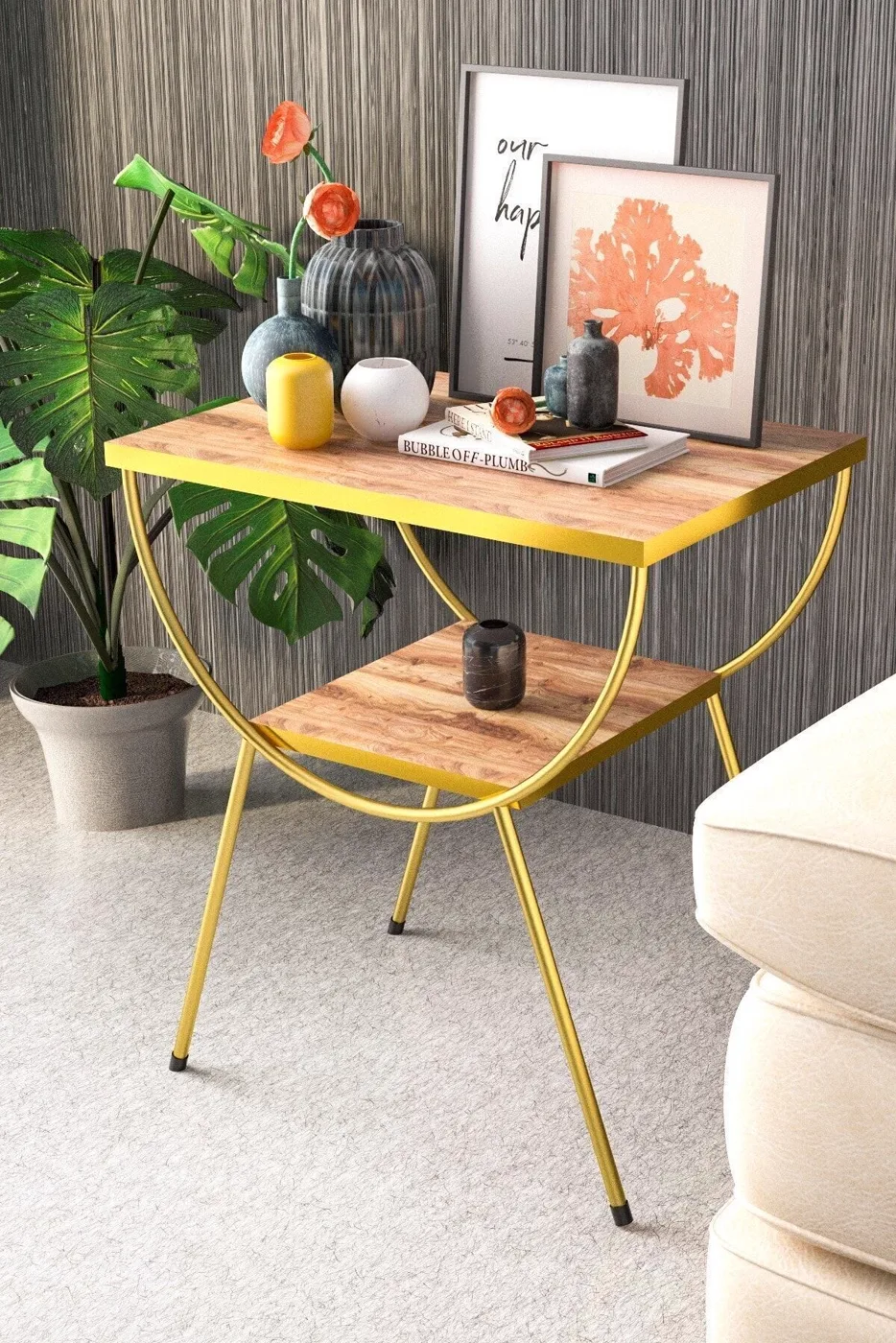 MD Gold Metal Side Table Walnut Bedside Table