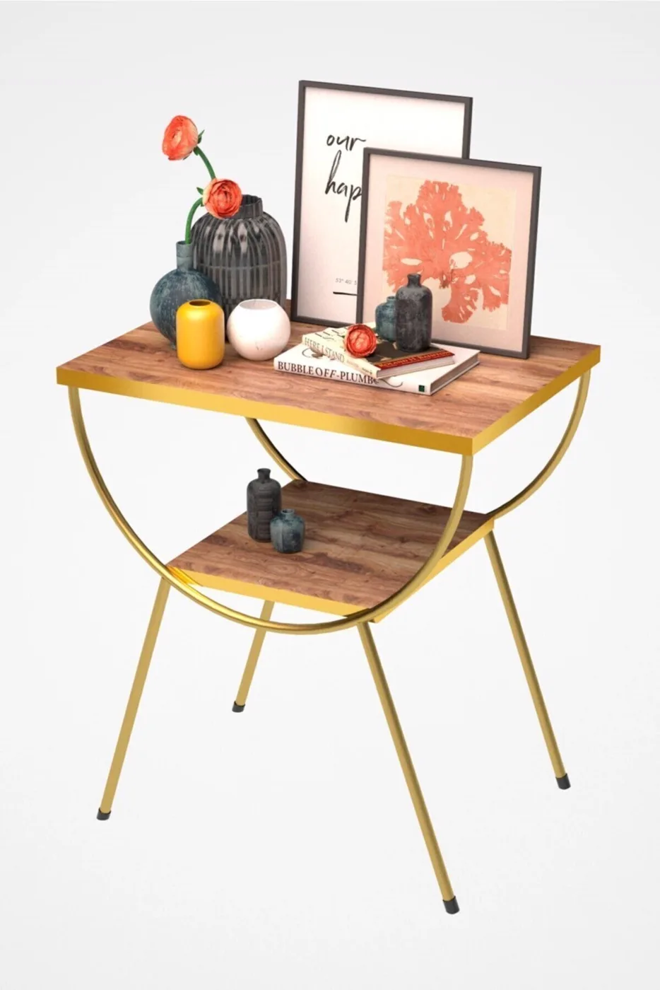 MD Gold Metal Side Table Walnut Bedside Table