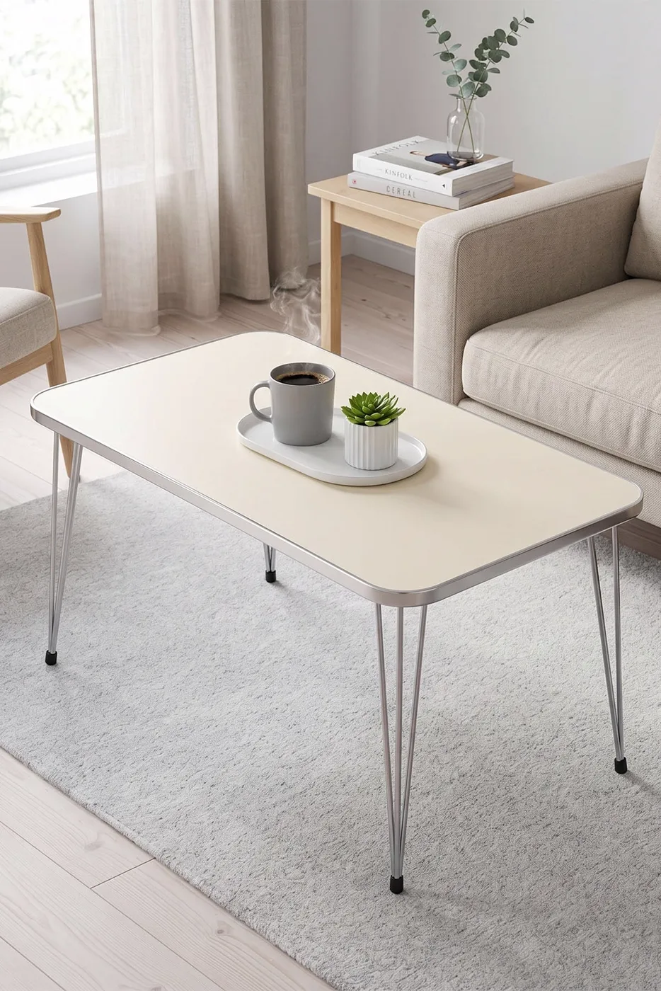 MD Silver Metal Cream Beige Coffee Table