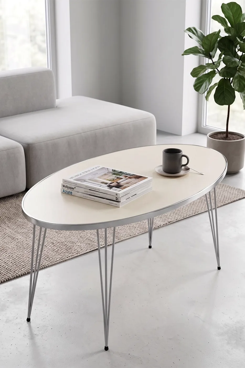 MD Silver Metal Oval Cream Beige Coffee Table