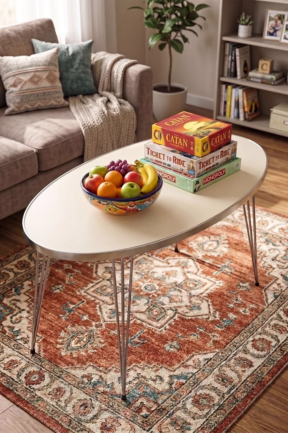 MD Silver Metal Oval Cream Beige Coffee Table