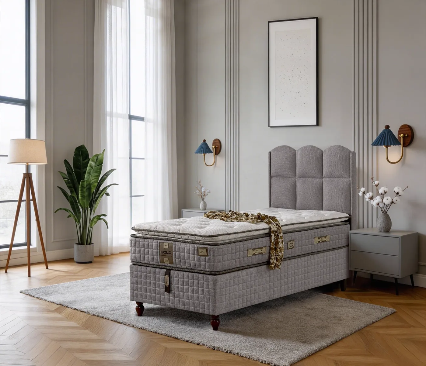 Retro 90x190 Single Mattress, Divan Base, Headboard Set EY3004