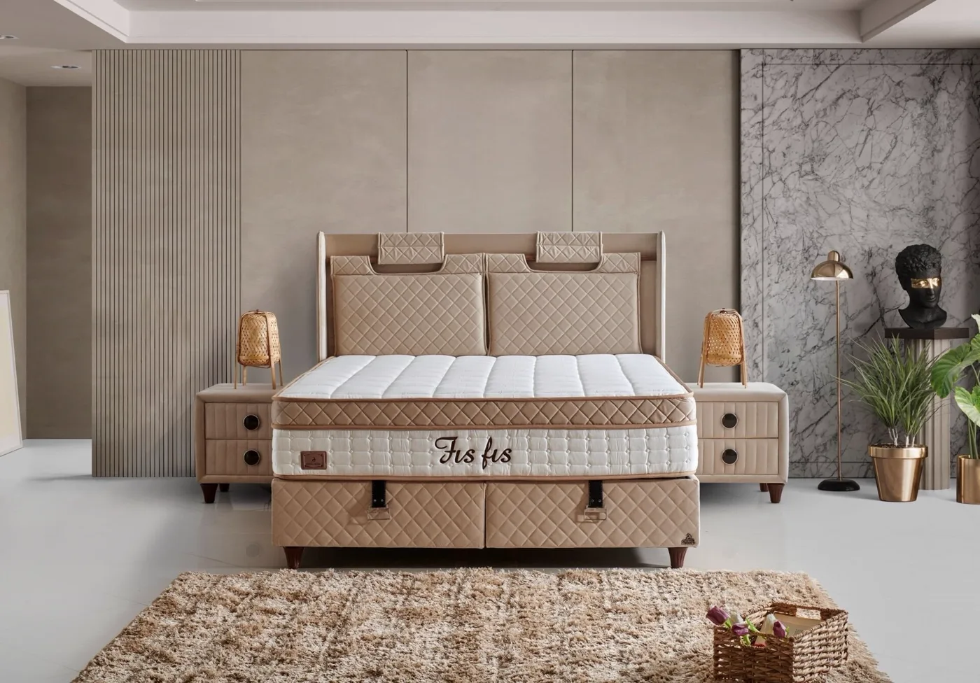 Fisfis Plus 140x200 Double Mattress, Divan Base, Headboard Set CP1030
