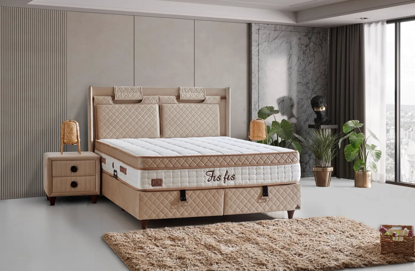 Fisfis Plus 150x200 Double Mattress, Divan Base, Headboard Set CP1030