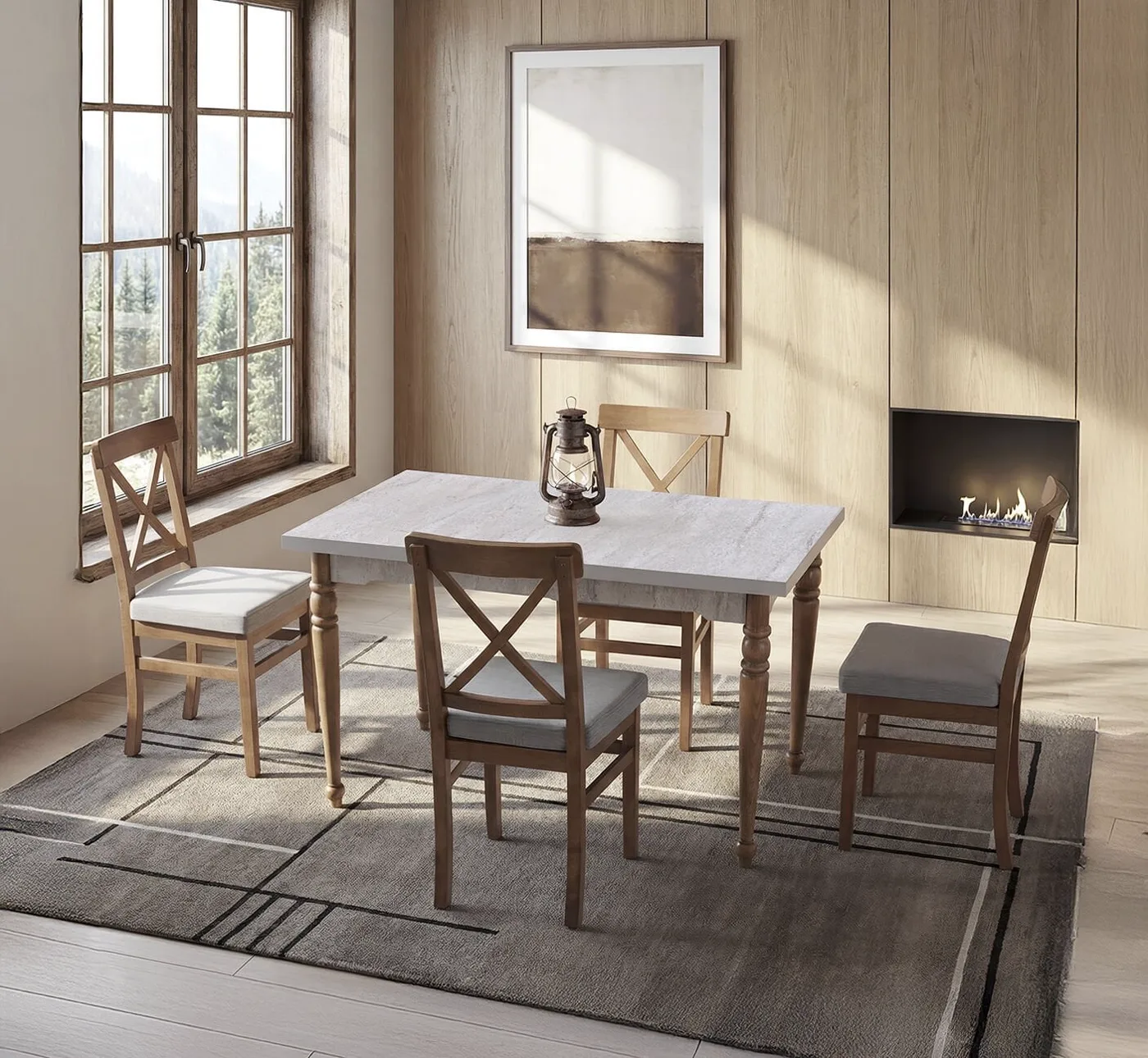 Rustic Travertine and Walnut Table & Rustic Chair Set HDR1452