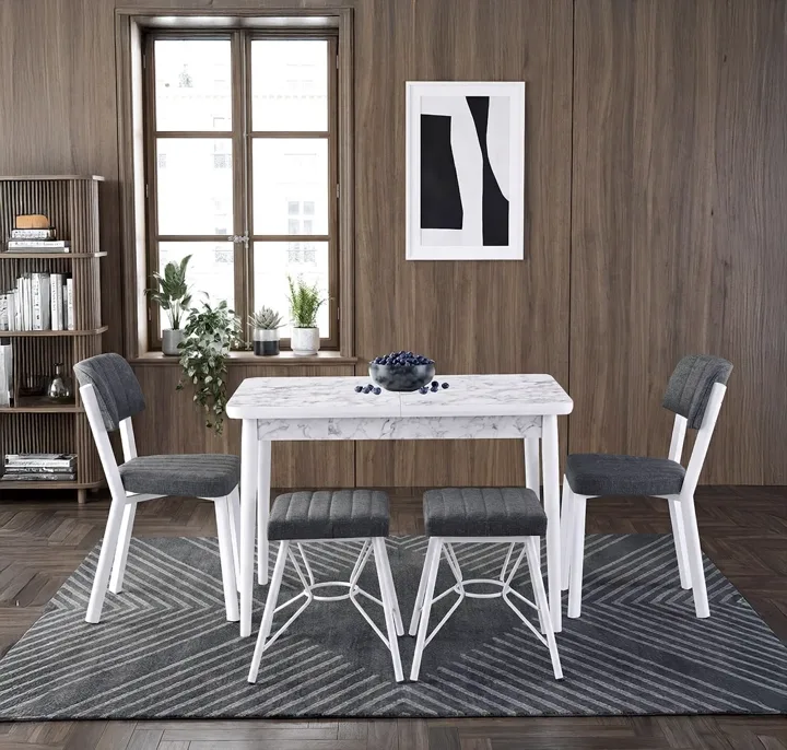 Zen White Marble Table & Gozde Chair & Gozde Stool Set HDR1456