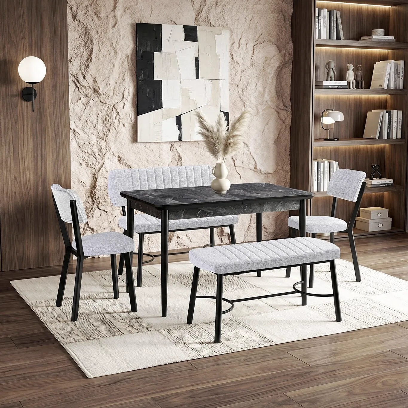 Mix Black Marble Table & Ceyda Chair & Ceyda Bench Set HDR1440