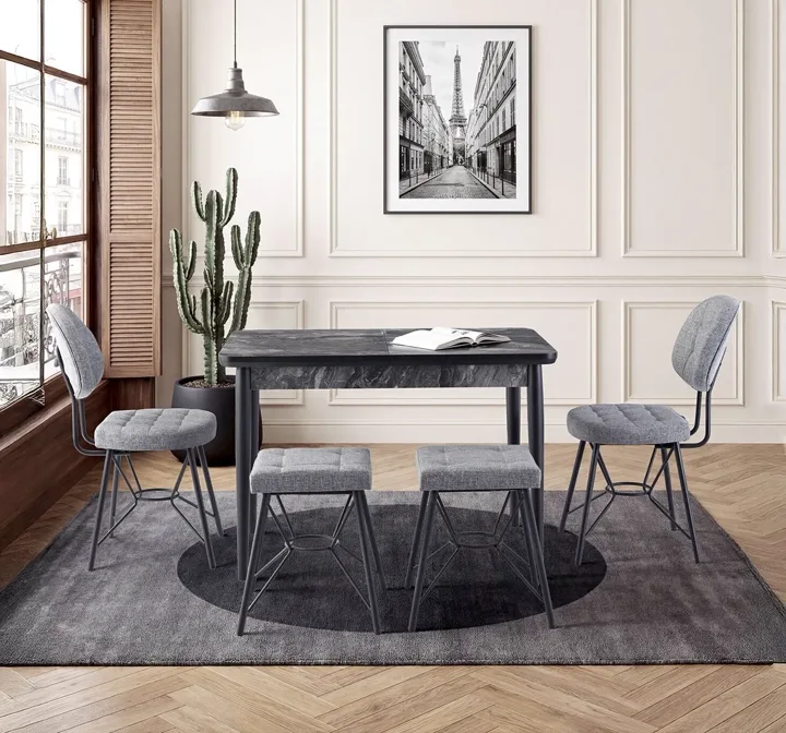 Zen Black Marble Table & Gozde Chair & Gozde Stool Set HDR1459