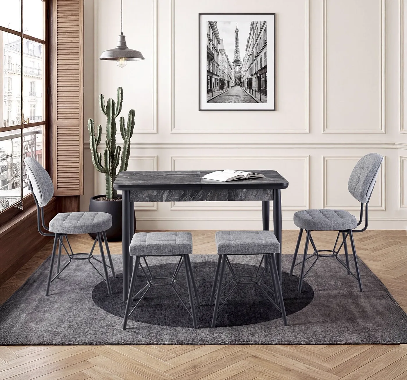 Zen Black Marble Table & Gozde Chair & Gozde Stool Set HDR1459