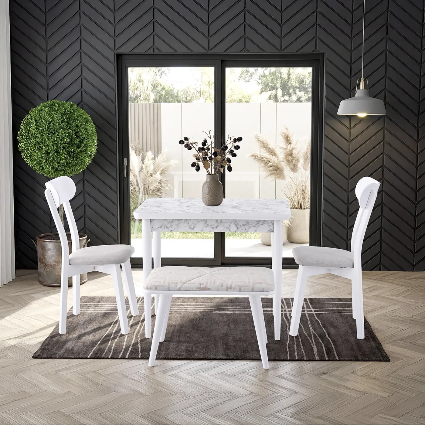 Izmir White Marble Table & Izmir Chair & Ruya Mini Bench Set HDR1427