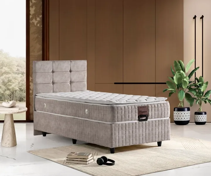 Florya 90x190 Mattress, Divan Base, Headboard Set Cream TN0722