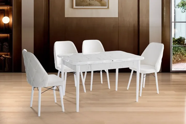 Yener 4-Chair 100% MDF Table Set White Marble TN0634