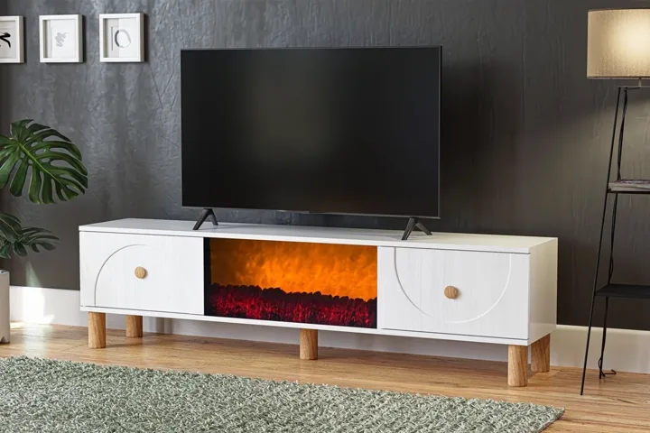 Vintage TV Stand with Fireplace, White TN0560