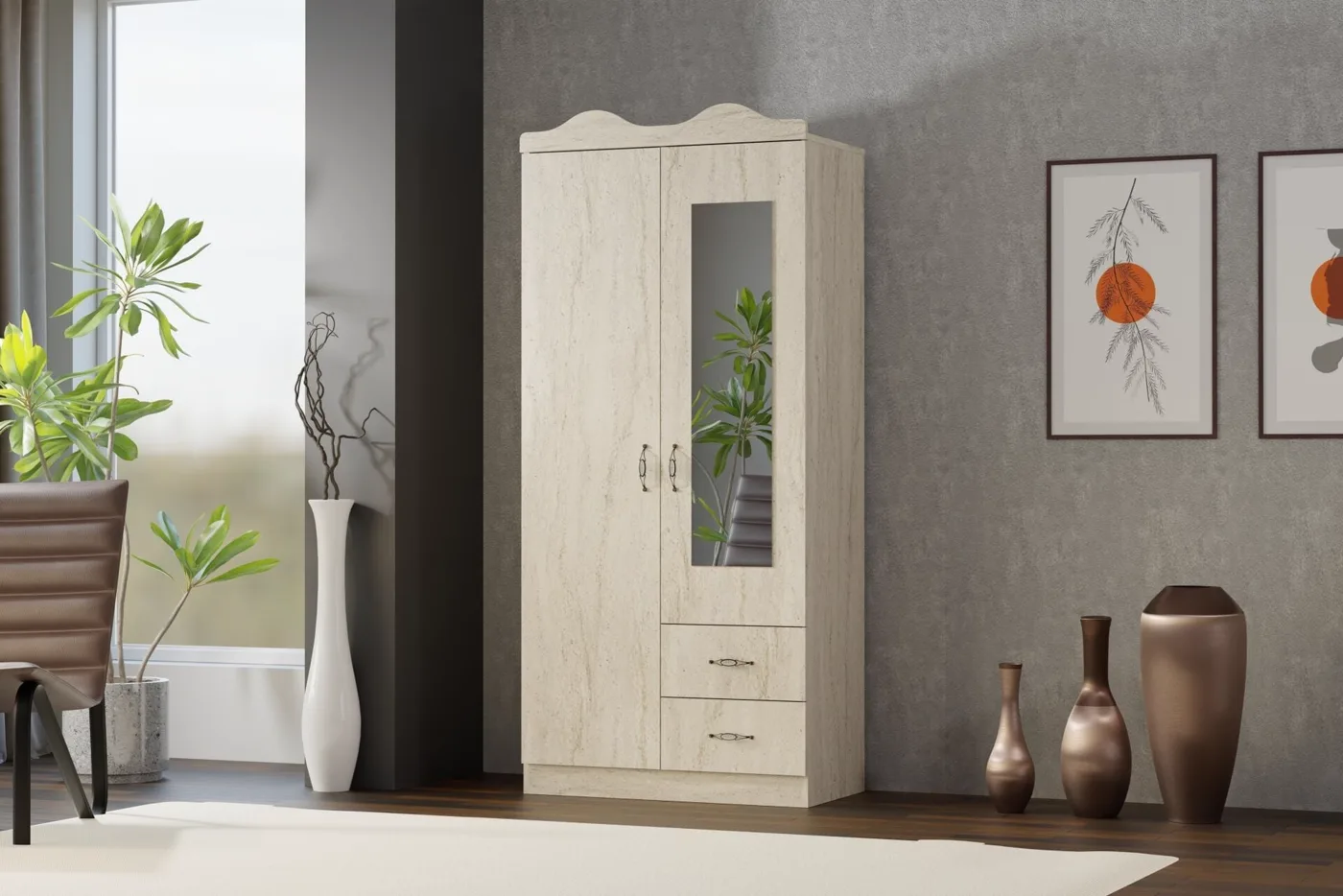 Crown-top 2-Door Wardrobe - Travertine TN0443