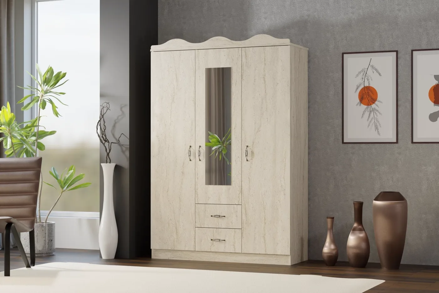 Crown-top 3-Door Wardrobe - Travertine TN0440
