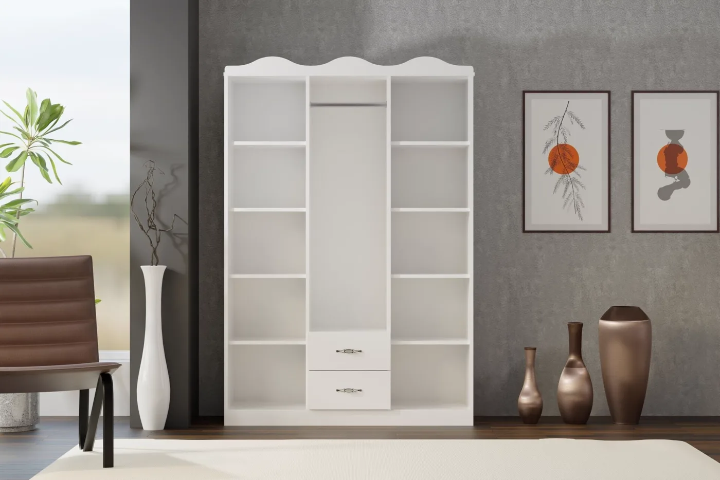 Crown-top 3-Door Wardrobe - White TN0438