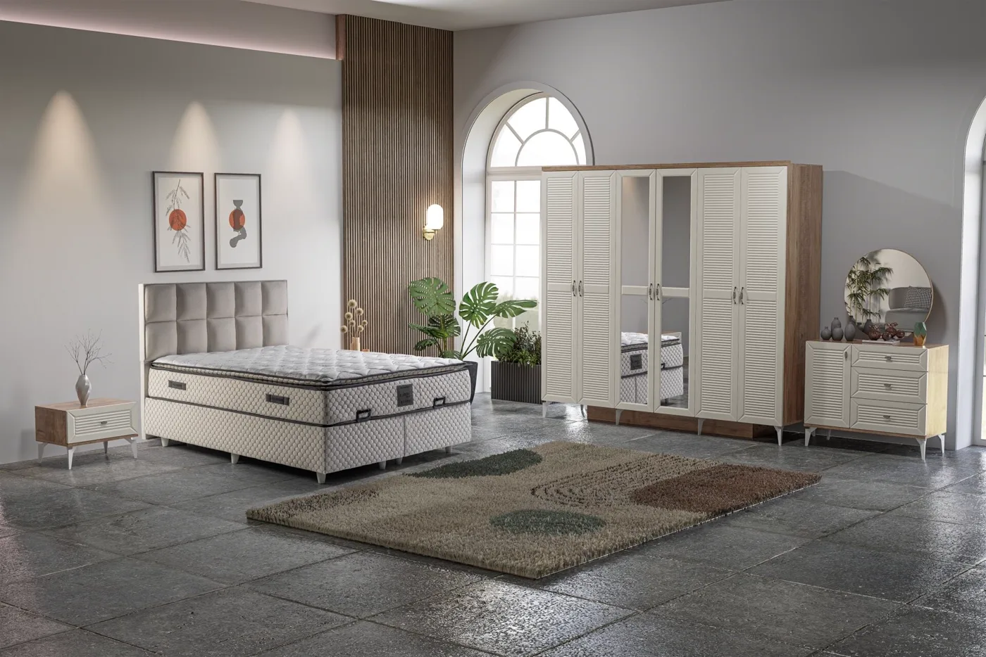 Naz Bedroom Set 100% MDF - Atlantic Pine / Moonstone TN0186
