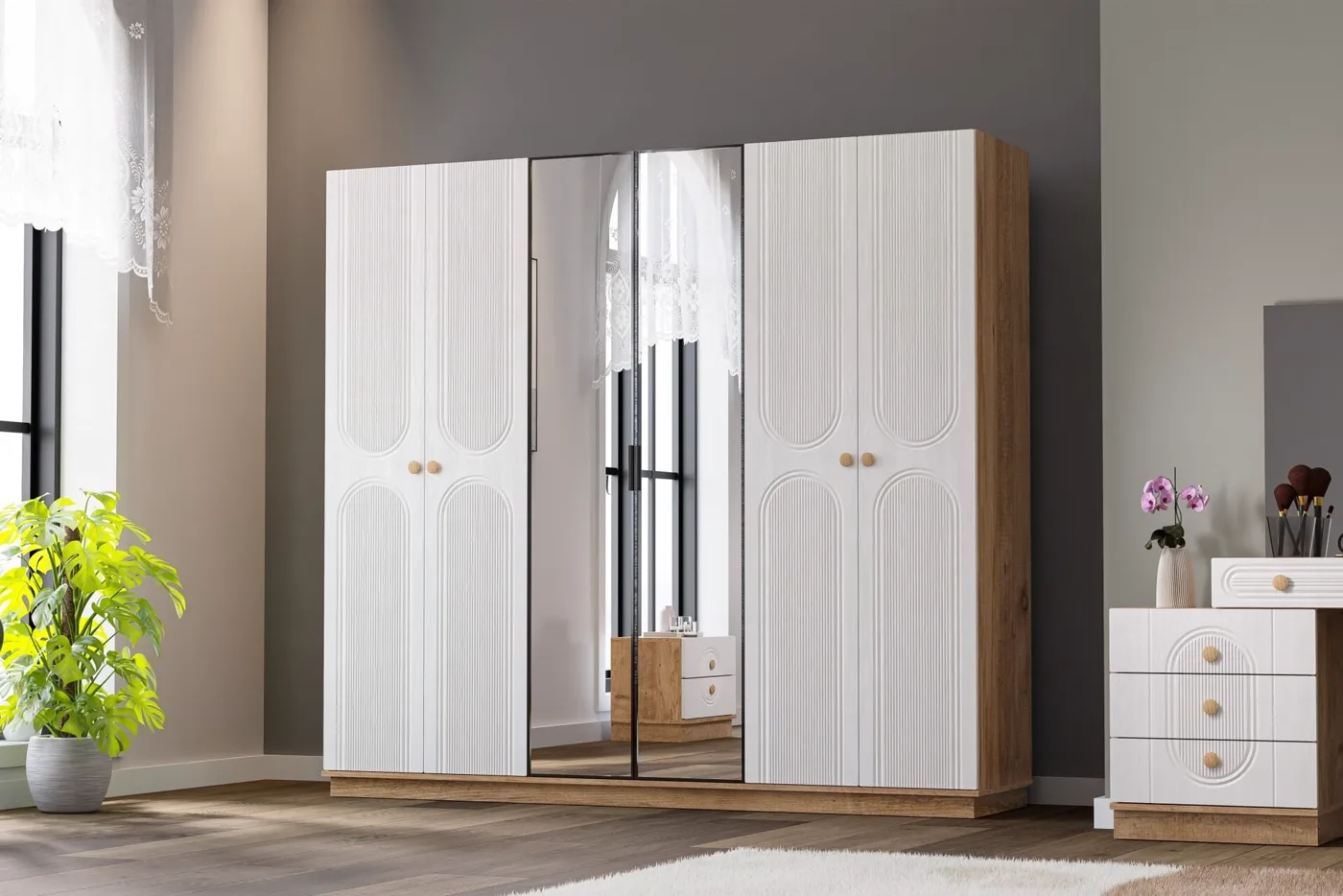 Mira Bedroom Set %100 MDF - Atlantic Pine / White TN0136