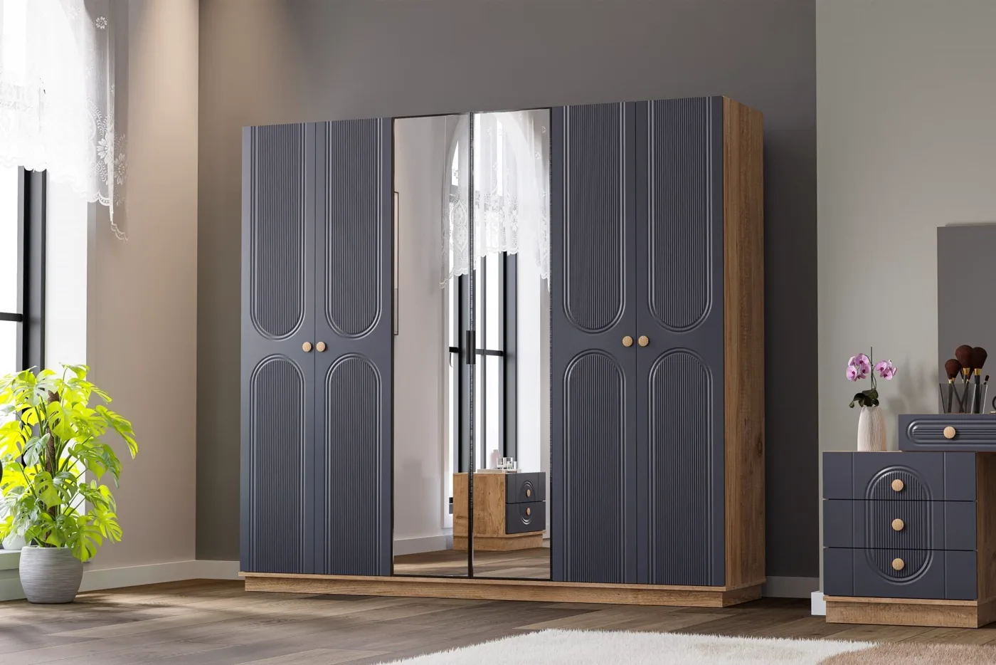 Mira Bedroom Set %100 MDF - Atlantic Pine / Anthracite TN0131