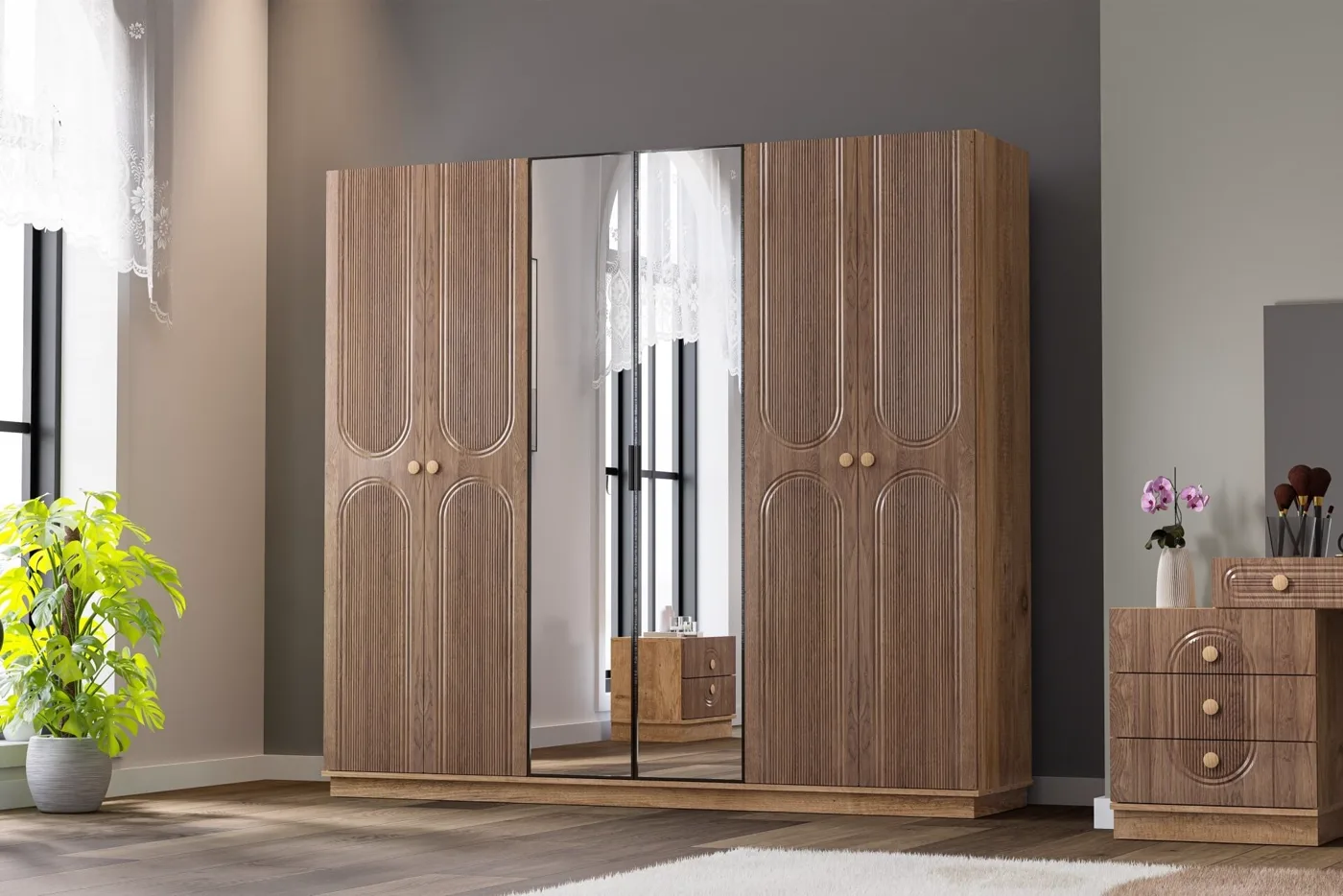 Mira Bedroom Set %100 MDF - Atlantic Pine / Walnut TN0126