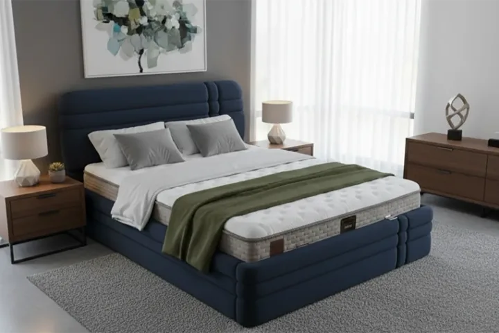 Royal Navy Blue 180 x 200 Double Mattress, Divan Base, and Headboard Set PV1420