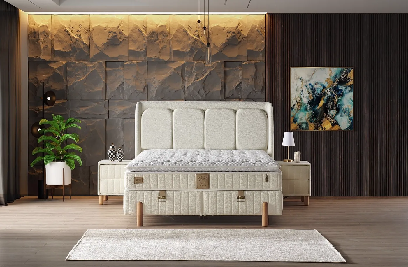 Bohem 150x200 Çift Kişilik Yatak, Baza, Başlık Seti