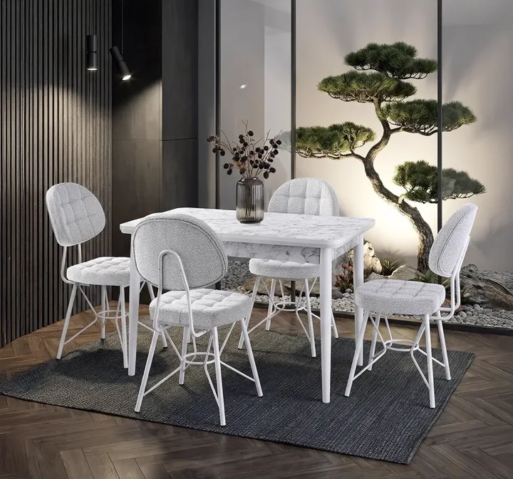 Zen Beyaz Mermer Masa & Gözde Beyaz Sandalye Takımı HDR1263