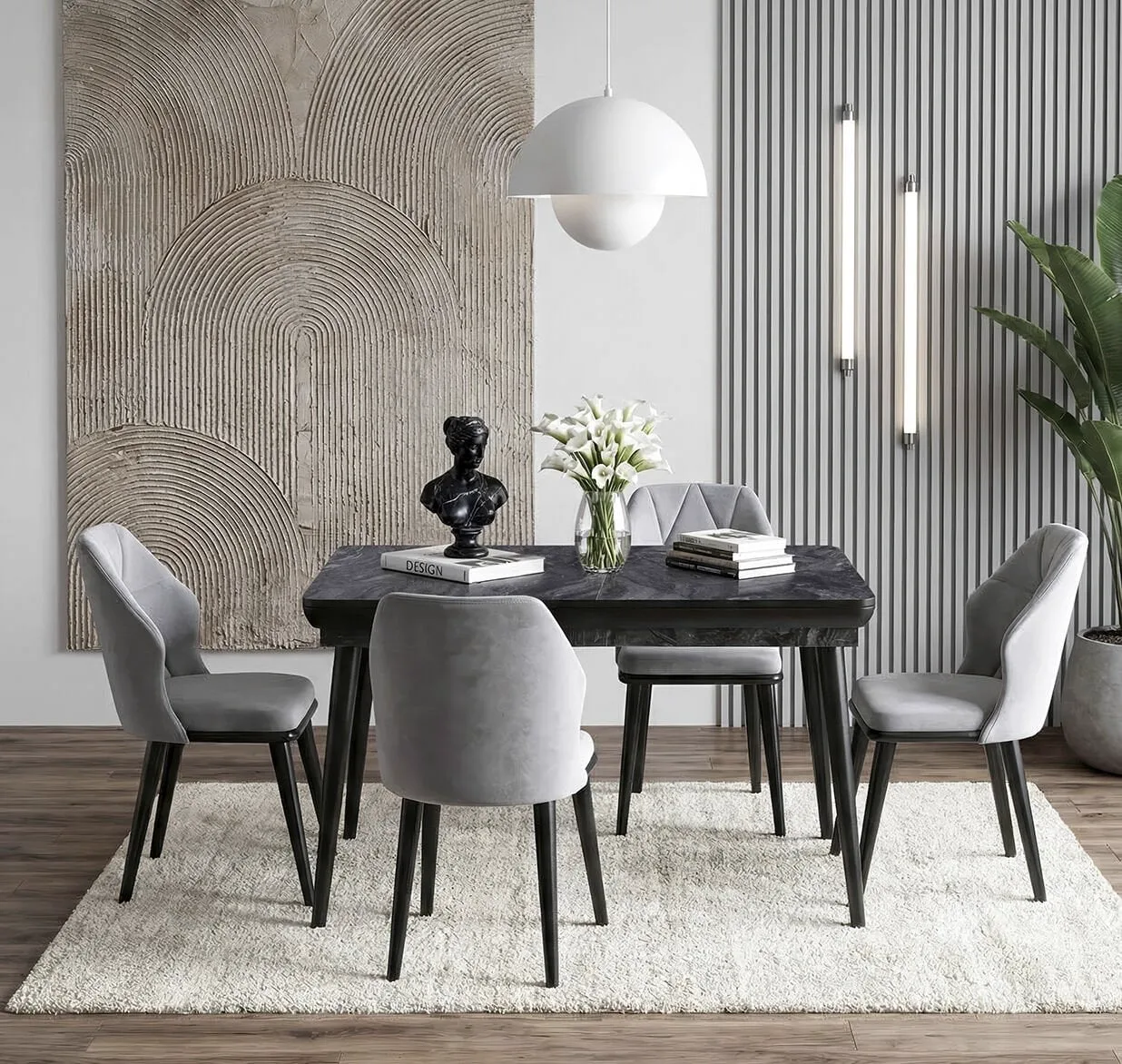 Ensemble table hera marbre noir et chaises ruya HDR1227