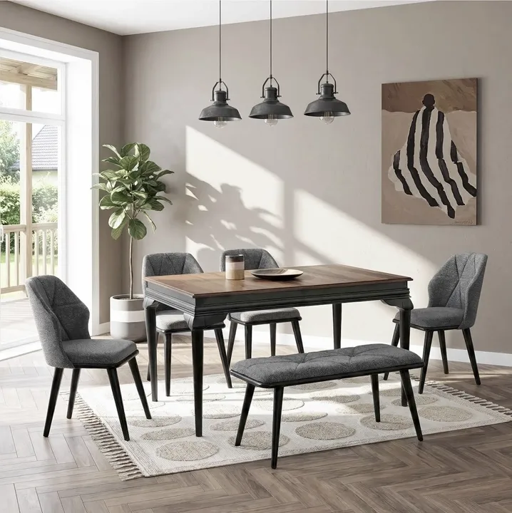 Avangard Schwarz Tisch & Buse Stuhl & Ruya Bank Set HDR1218